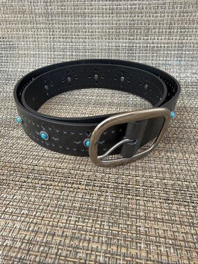 Faded Glory Black Leather Belt with Turquoise Accents
